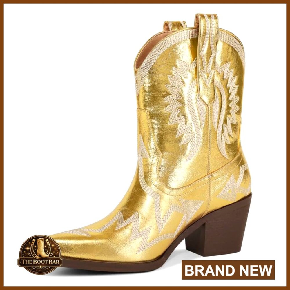 Pu Leather Western Boots Metallic Embroidered Pointed Toe Cowgirl Boots